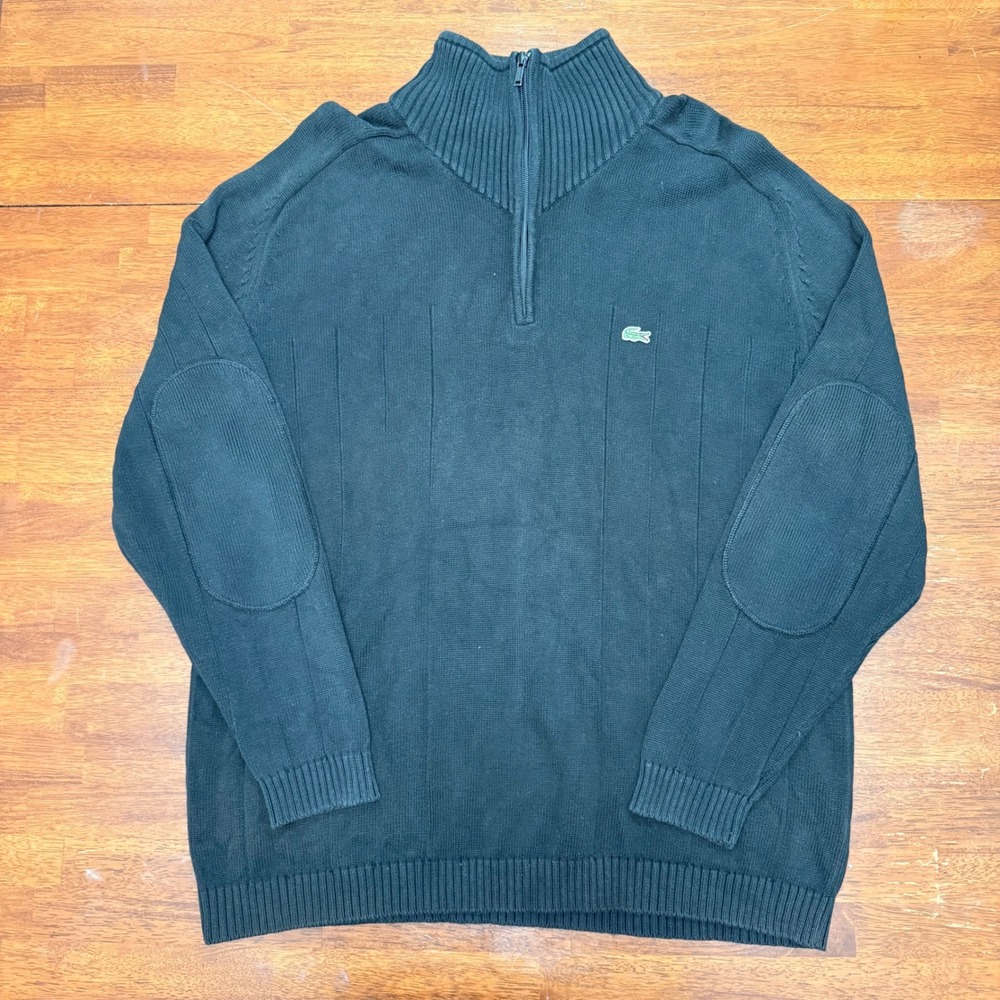 Lacoste Black Quarter Zip Sweater Ribbed Elbow Patches Mens Size 7 US Size XL